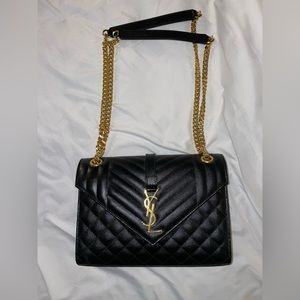 Saint Laurent Medium Envelope Bag Grain de Poudre Leather Black W/ Gold Hardware